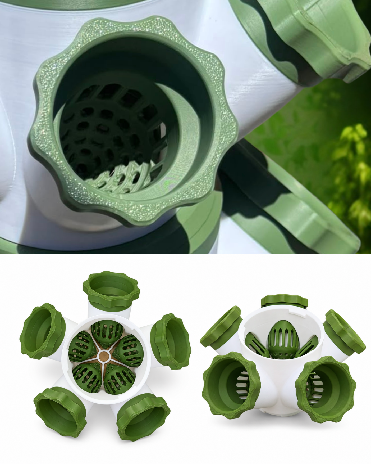Close-up views of HERB planting cups and modular growing sites