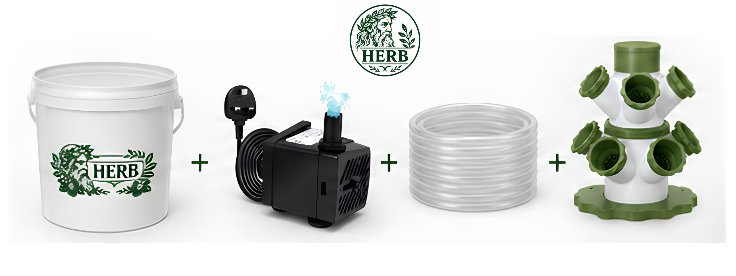 HERB modular hydro tower contents including reservoir, pump, tubing and tower
