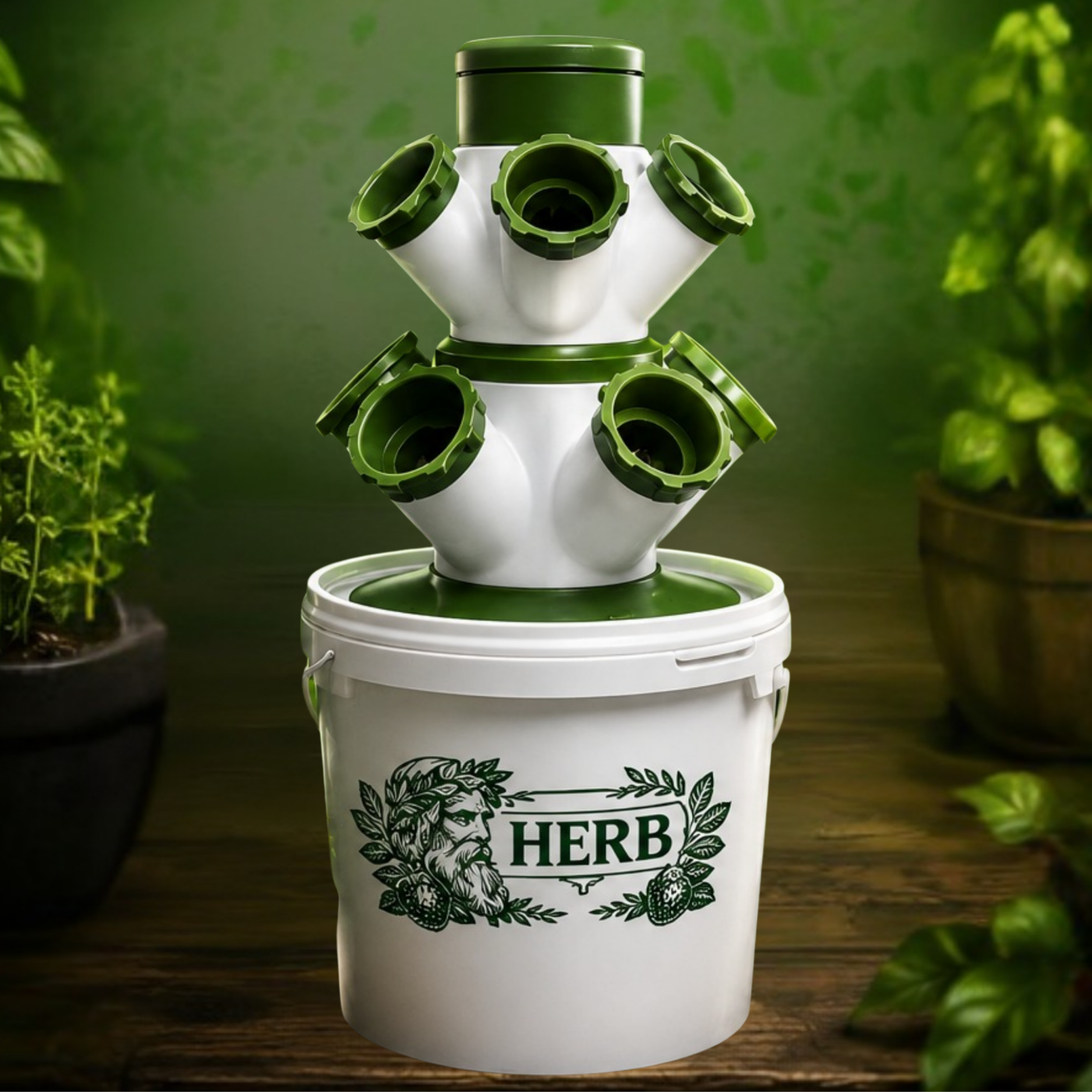 HERB modular hydroponic tower growing fresh herbs in a bright room